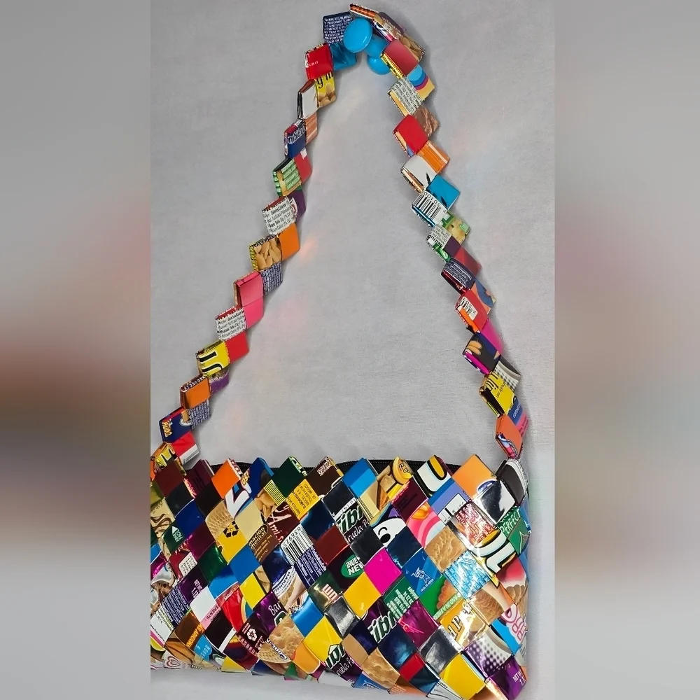 Colorful Woven Candy Wrapper Purse Recycled Pop Art Bag DIY Y2K Style - Picture 2 of 6